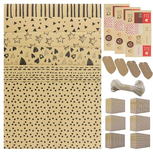 70 * 50cm Carta Da Regalo Kraft,6 Fogli Carta Da Imballaggio Con 20m Corde e Etichetta, Vintage Piegati Carta Da Regalo Per Compleanno Feste Anniversari San Regalo Brown