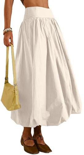 peassa Langer Damenrock, elastische Taille, A-Linie, plissiert, Rüschen, fließender Ballon-Rock mit Taschen, 1 - Beige / Weiß, Mittel