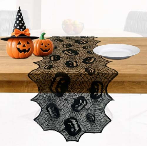 KQOZG Runner da Tavolo con Pizzo Ragnatele e Ragni Decorazione per Tavola di Halloween (45cm di larghezza, 1,8m di lunghezza) (Nero)