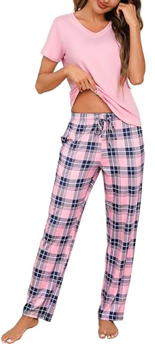 Bresdk Pijama Mujer Invierno Algodón Conjunto de Pijamas Manga Corta Tops con Largos Pantalones a Cuadros Ropa de Dormir con Bolsillos S-3XL