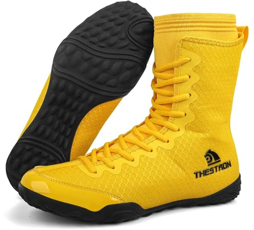 Hiuzylqx Uomo Scarpe da Boxe Scarpe da Lotta Leggeri Antiscivolo per Kickboxing Sparring Combattimento,Giallo,48 EU
