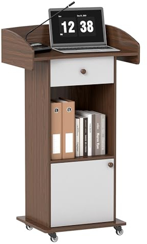 Turosur Portable Lectern＆Podium -Standing Laptop Desk-Wooden Podium Stand with Cabinet (Bronze+White)