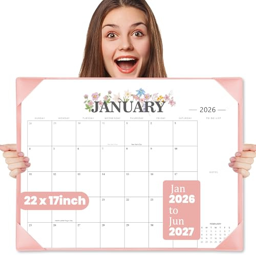 2026 Desk Calendar - 18 Month Desktop Calendars (Jan 2026–Jun 2027),Large 22x17 Monthly Calendar with Home & Office Floral Desk Pad Calendars (Pink, 22*17)