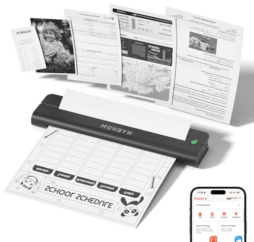 MUNBYN Portable Printer Wireless for Travel, Small Bluetooth Inkless Thermal Printer Support 8.5 x 11 US Letter & A4, Compatible with Laptop, macOS,Windows, Android & iOS for Car,Home Office & School
