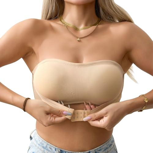 ADUDVLO Seamless Strapless Bras for Women with Pads, Non-Slip Bandeau Tube Bra with 4-Row Hooks, Stretchy Invisible Strapless Bra for Better Lift & Support (UK, Alpha, M, Regular, Regular, Beige)
