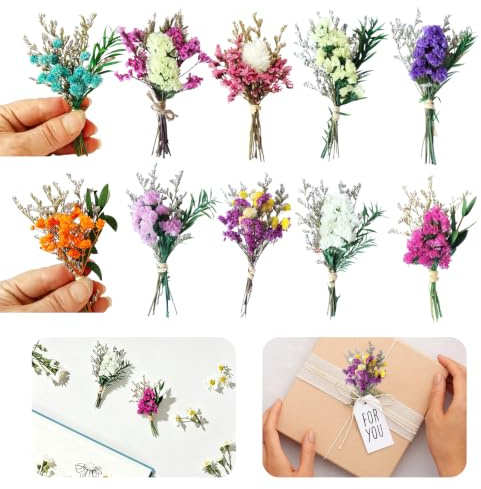 lomdung 10 stycken minibukett, torkade blommor, små naturliga buketter, torkad blomblandning, för kreativ fritid, vaser, scrapbooking, fotoalbum och dekoration av presentlådor