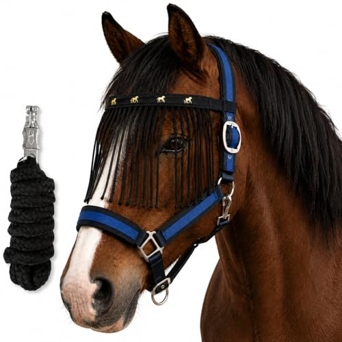 Cabestro para caballos de sangre fría, cabestro xxfull, cabestro ajustable con 2 compartimentos en la correa de la barbilla y el cuello (protección contra moscas de punto negro y azul real, XXFull