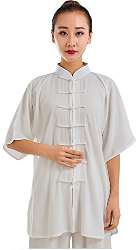 ZooBoo Unisex Cotton Blend Short Sleeves Tai Chi Suit Morning Exercise Uniform Kung Fu Clothing (XL, White)