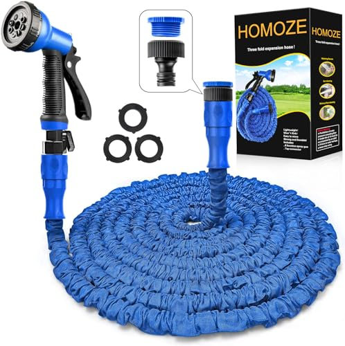 Garden Hose Pipe Expandable Garden Hose with 3/4, 1/2 Fittings, Anti-Leakage - Flexible Expanding Hose with 7 Function Spray Nozzle by Homoze(Blue, 50ft)