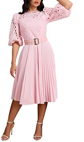 IWFEV Lace Pleated Dress with Puff Sleeves - Midi Length, Short Sleeves, Hollow Party Evening Dress in Pink, Size XL