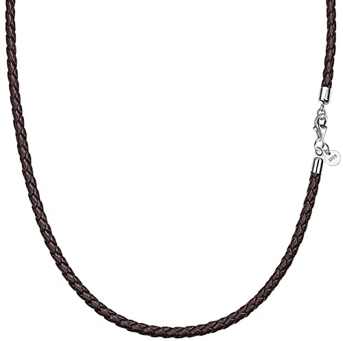 Viwind Collier en cuir authentique 2,5mm / 3mm de large chaîne en cuir tissé bracelet en cuir de 45 à 60cm disponible en 925 argent sterling verse fermeture pour femmes pendentif DIY (50, Brown)