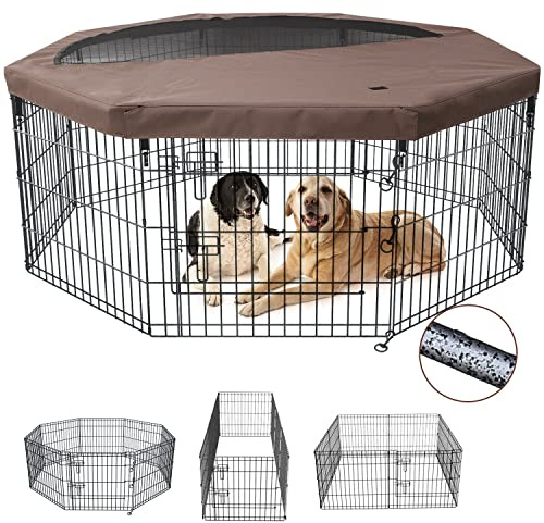 NEZUC Foldable Metal Dog Exercise Playpen Gate Fence Dog Crate 8 Panels 24 Inch Height Puppy Kennels with Top Cover/Bottom Pad for Animals Outdoor Indoor (Playpen+Top Cover, Brown, 24 H)