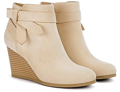 Coutgo Womens Wedge Booties Fall Ankle Boots Tie Knot Stacked Heeled Side Zipper Winter Dress Shoes, Beige, Size 7