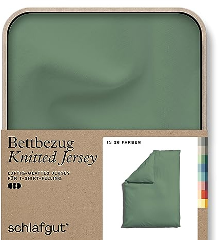 schlafgut Knitted Jersey Bettwäsche 135x200cm Bettdecke Bezug einzeln, Green Mid Uni, weich und faltenfrei mit Elasthan