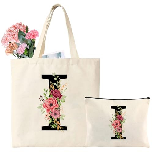 Tarklanda Borsa Tote Tela con Iniziale, Borsa Shopper con Lettere, Tote Bag Donna Personalizzata con Nome, Regalo per Donna, Amica, Mamma, Regali di Compleanno, Festa della mamma (I)