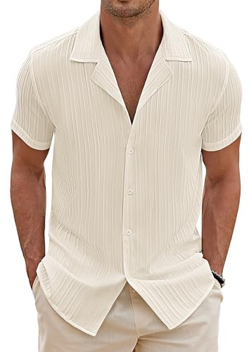 COOFANDY Men's Short Sleeve Shirts Summer Cuban Guayabera Shirt Hawaiian Casual Button Down Textured Tops Cream L