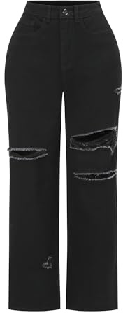 THUNDER STAR Womens High Waisted Wide Leg Jeans Stretchy Distressed Denim Pants Black L