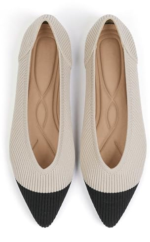 TINGRISE Chaussures plates à bout pointu pour femme - Ballerines confortables à enfiler, Noir/beige, 6