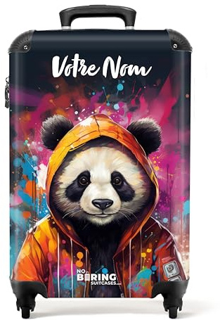 NoBoringSuitcases.com Handgepäck Koffer, Koffer Personalisiert, Reisekoffer, Reisetasche mit Rollen, Hartschalenkoffer, Suitcase, Koffer Klein, Handgepäck 55x40x20 cm (Panda - Orange)