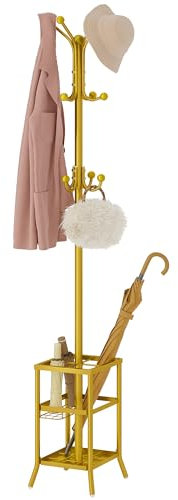 FAVOOSTY Garderobenständer mit Schirmständer, Kleiderständer mit 12 Hooks, Jackenständer Stehend, Coat Rack, Garderobe ständer für Wohnzimmer, Schlafzimmer Weiß (Gold)
