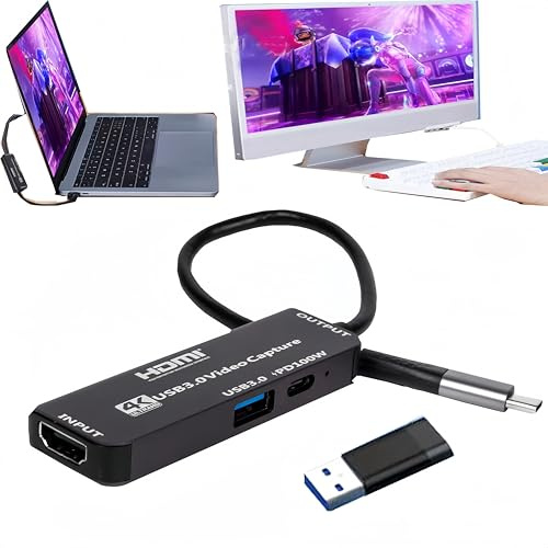 Tarjeta de captura de video HDMI 4K con USB 3.0 y 100 W PD, HDMI a USB/USB C soporta entrada 4K a 60Hz y salida 1080P HD Live and Record Video Audio Game MS2130 para sesiones, cursos, juegos