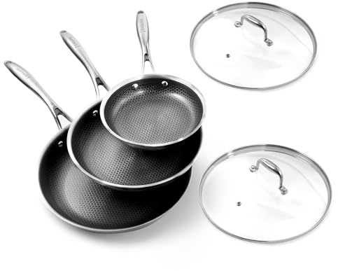 DELUXE Hybrid Ceramic Nonstick 5-Piece Fry Pan Set（20/25/30CM,Frying Pans with Tempered Glass Lids,Stay-Cool Handles, Dishwasher Safe, Works on All Stovetops