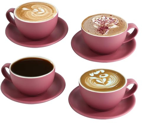 Set di 4 tazze da cappuccino da 300 ml – tazze da caffè in ceramica viola opaco con piattini, set da barista per latte Art & Moka, grandi tazze e piattini