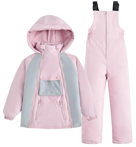 JiAmy Combinaison de neige 2 pièces pour enfants – Veste matelassée à capuche et pantalon à bretelles – Tenue ultra légère pour garçons et filles, rose, 4-5 ans
