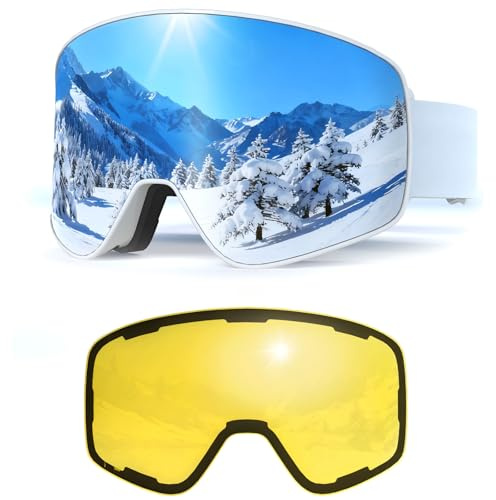 VCOROS Gafas de Esquí con Magnético Lentes Intercambiables,YH212 Gafas Esqui OTG para Unisex Ajustable Tamaño Anti-Niebla Protección UV Snowboard Nieve Espejo para Ski Ciclismo (02-Silver/White)