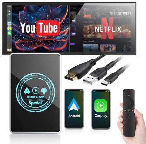 Spedal CarPlay AI Box Wireless Adapter with Netflix & YouTube, 3-in-1 Smart Box Car Streaming Device, Car Video Player 4K, Dual-Band WiFi, HDMI Output | for Cars with Wired CarPlay Android 12 (Black)