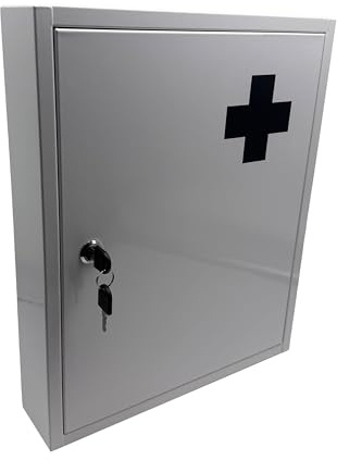 Relaxdays låsbart medicinskåp, 5 fack, H x B x D: 43 x 35,5 x 8 cm, för mediciner, vit/grå