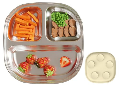 Nudorpn Assiettes Enfant - Assiettes Apprentissage à Sections avec Ventouse,Vaisselle Acier Inoxydable Antiderapant Garcons Filles Maternelle | pour Garçons Filles Maison École Camping