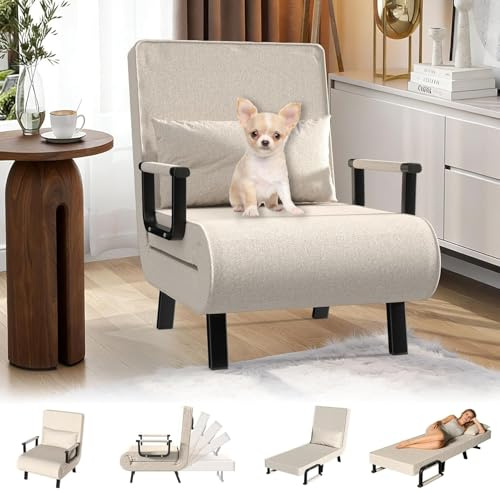 YLGJ&TIDY Single Sofa Bed Chair 3-in-1 Convertible Sleeper Chair 6-Position Adjustable Backrest Folding Chair Bed Single Couch with Pillow Upholstered Arm Chair for Living Room Apartment (Beige)