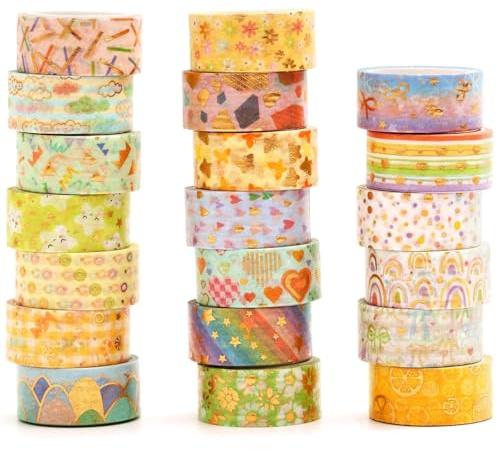 Songdao 20 rullar Washi-tejp i set, Söt guldfolie maskeringstejp Dekorativ Washi-tejp Barns tejp Färgstarkt för scrapbooking, Bullet dagbok, Planer, Presentförpackning