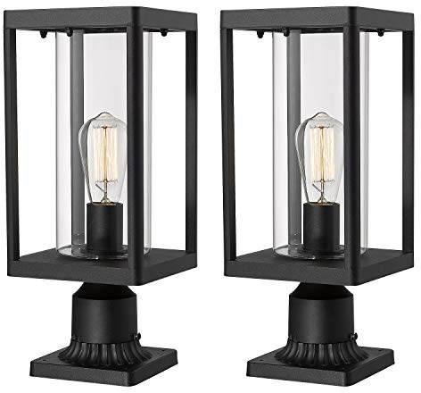 Beionxii Outdoor Post Lantern, 20inch Large Modern Lamp Post Light Fixture Exterior Pillar Lights with Pier Mount Base, Black Cast Aluminum w/Clear Cylinder Glass - A291P-2PK (NOT Solar, 110-120V AC)