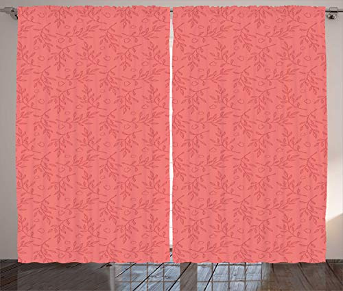 ABAKUHAUS Botanical Curtains, Pastel Spring Love Art of Apple and Leafy Tree Branches in Outline Style, Living Room Bedroom Window Drapes 2 Panel Set, 89 L X 110 W, Dark Coral Coral