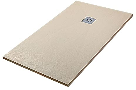 Piatto doccia marmoresina con effetto pietra serie Karen, in diverse dimensioni e colori, spessore ultraslim 3 cm, riducibile su misura, COMPLETO di kit scarico (70x90, Beige)