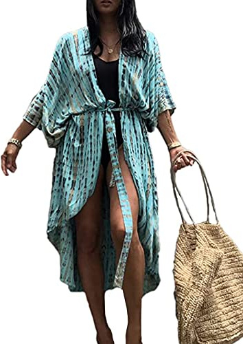 HYUET Copricostume da Bagno Donna Mare, Elegante Kimono Lungo Tie Dye Donna Estivo Abito da Spiaggia Bikini Cover Up Cardigan Maniche Lungo Vestito Boho Kaftan Tunica Top per Vacanza