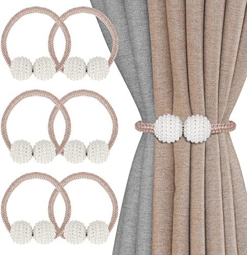 6 Piezas Alzapaños Magnéticos Cortinas,Sujeta Cortinas Decorativos,Perlas Hebillas Cuerda (champán)