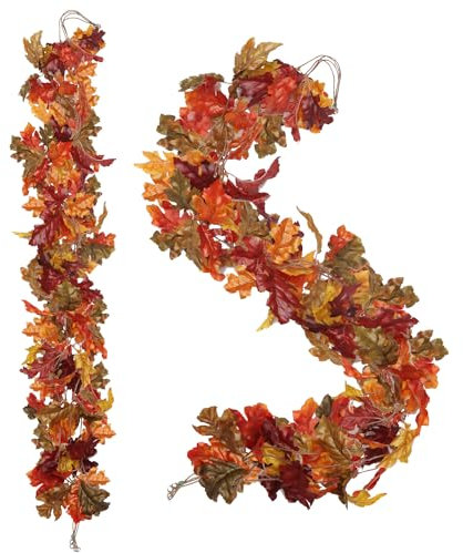 Hollyone 4 pcs Artificial Oak Leaves Garland, Autumn Decoration Fall Decor 5.2ft Fake Hanging Plant, Faux Vines for Home, Wall, Fireplace, Thanksgiving, Halloween, Party, Backdrop, Wedding