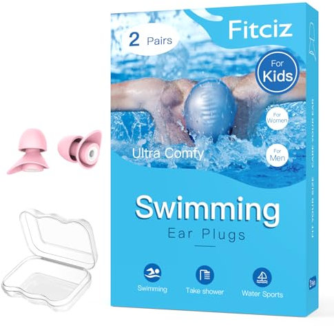 Fitciz Ohrstöpsel Schwimmen Kinder (Alter 8+) - mit Delikat Aufbewahrungsbox - Wiederverwendbare Weich Silikon Ohrenstöpsel Schwimm Kinder – Kids Swimming Earplugs (für Kinder, 2 Paare)