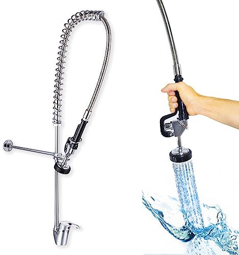 GOLDMAN SERVICE Grifo Industrial Hostelería Monomando Extensible para Fregadero Lavabo de Cocina, Manguera Flexible y Alcachofa con Potente Spray Pulverizador