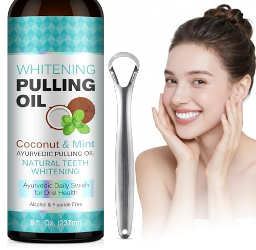 Peppermint Coconut Oil Pulling Mouthwash, Fast Acting & Visible Effect in Days, Deep Cleaning for Teeth & Gum, Fresh Breath, Alcohol-Free Natural Rinse Kit with Tongue Scraper for Adults & Kids