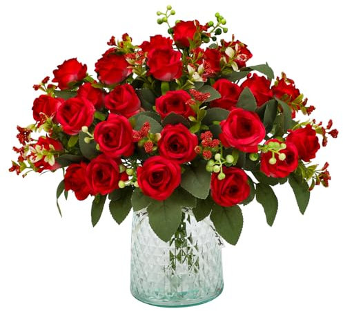 JUSTOYOU Lot de 4 bouquets de roses artificielles en soie avec 28 têtes de rose, roses artificielles réalistes pour mariage, maison, jardin, fête, bureau (rouge)