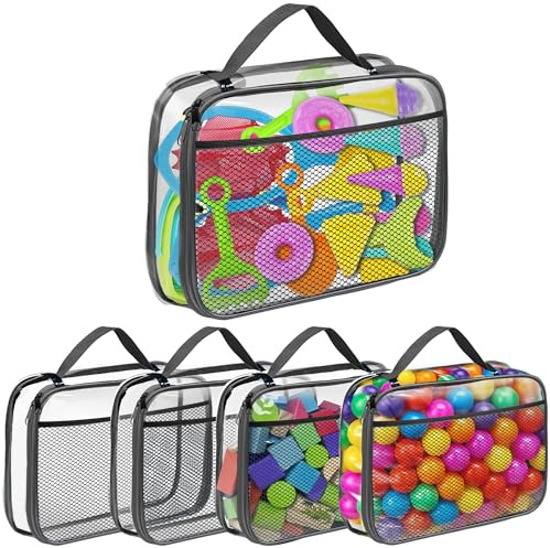 4er-Set XL Spielzeug-Aufbewahrungstaschen aus PVC | Wasserdicht mit Reißverschluss & Netzfächern | Für Bausteine, Badespielzeug, Puzzle (34x7.6x26.5 cm)