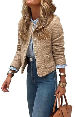 Chaqueta de Tweed con Bolsillo para Mujer, Chaquetas Cortas Deshilachadas con Botones y Manga Larga, Abrigos de Calle para Mujer