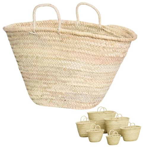Cesto de Palma Natural Tejido a Mano, Bolso de Playa con Asas, Estilo Capazo Tradicional (B: 18 x 33 x 13)