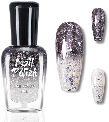 Färgändrande nagellack – svart vitt temperaturkontrollerat nagellack med färgförändringseffekt – 7 ml långvarig snabbtorkande nagelpolering, ingen UV-färglack för nagelkonst gör-det-själv (svart
