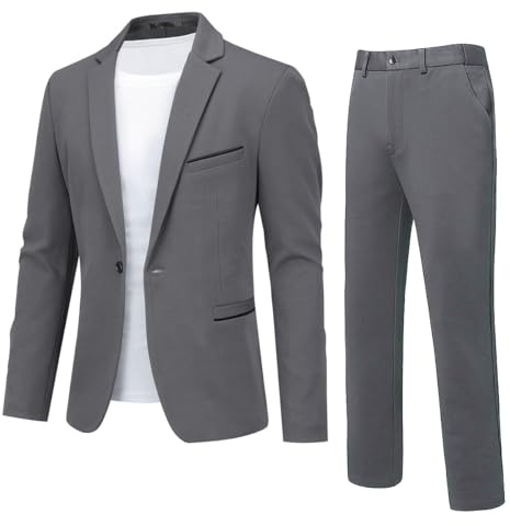 YFFUSHI Traje Hombre 2 Piezas Slim Fit 1 Botón Clásico para Ceremonia Boda Negocios Chaqueta y Pantalón, Gris Oscuro, S