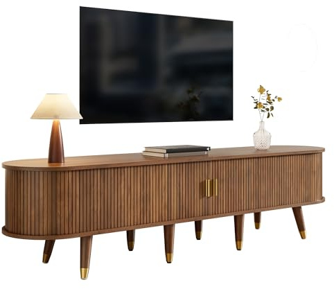HAINEW TV-skåp, TV-bänk med 2 skjutdörrar och 2 lådor, TV-bord TV-skåp med 6 förvaringsfack och oval bordsskiva för vardagsrum och sovrum, träfärg, 175 x 38 x 45 cm